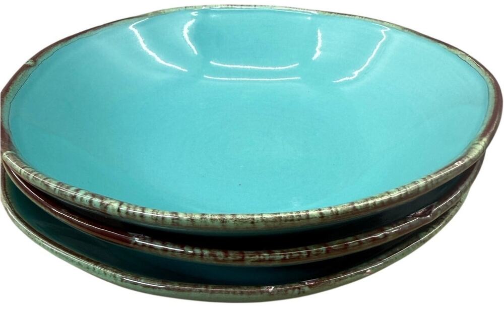 Vintage 70s Italian Maioliche Jessica Turquoise Bowls Set of 3 Hand Painted 9"